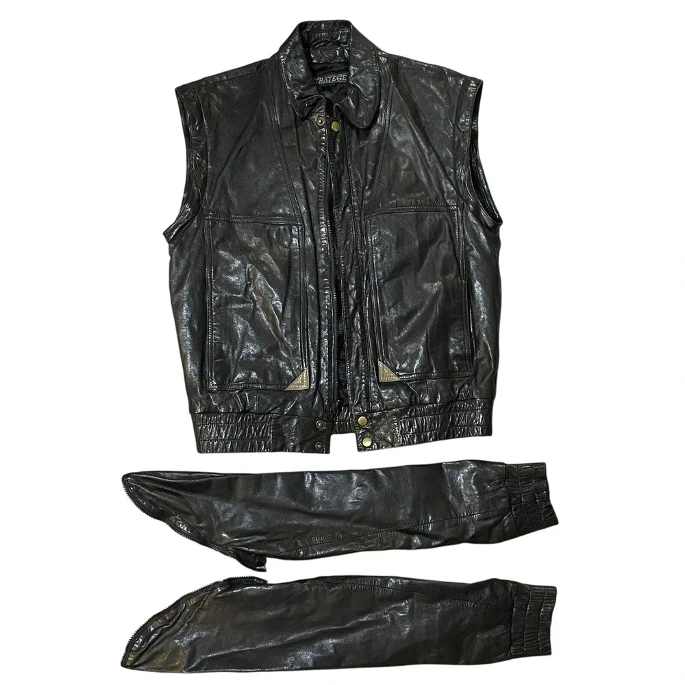 RARE‎ Vintage 80's Stratège Leather Convertible Jacket/ Vest Mens Size 38 Black